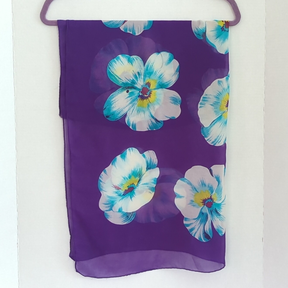 Diane Von Furstenburg Purple with Blue White  & Yellow Floral Silk Scarf